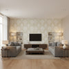 Tanglewood Beige | Thibaut Wallcoverings - Living Room Visualization (AI-generated, may not be to scale. Verify pattern scale with product specifications.)