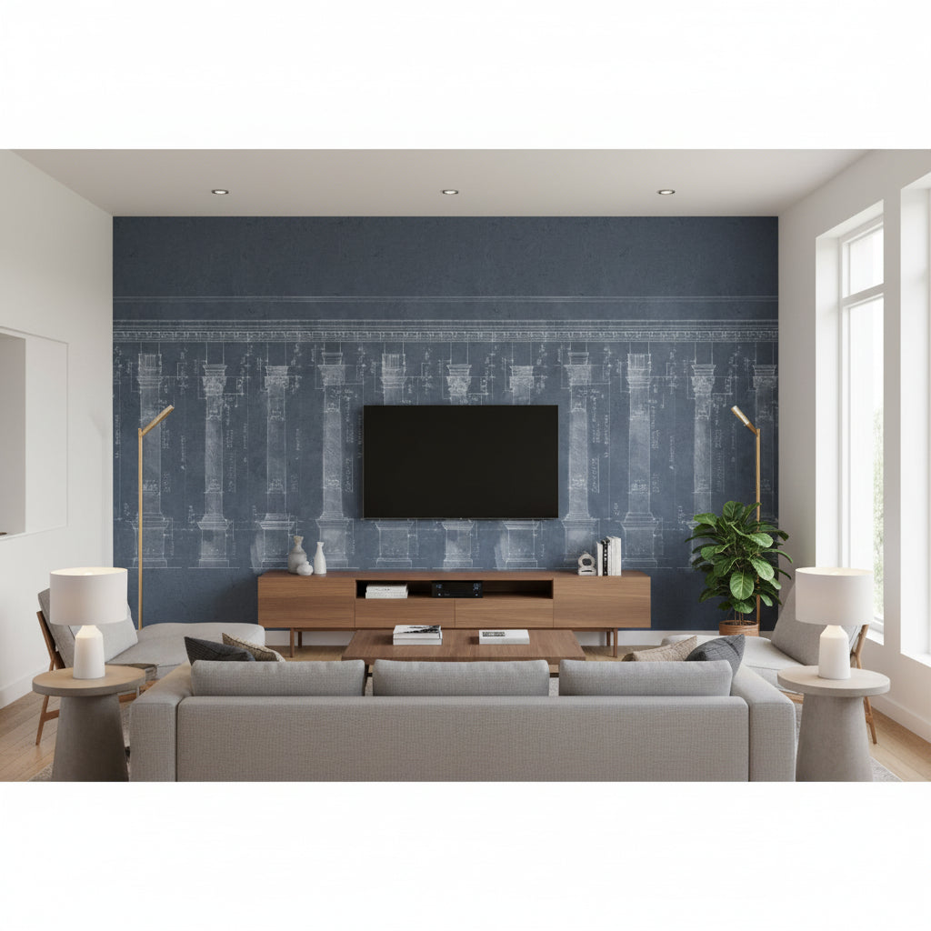 Colonnade Blue | Mind The Gap - Living Room Visualization (AI-generated, may not be to scale. Verify pattern scale with product specifications.)