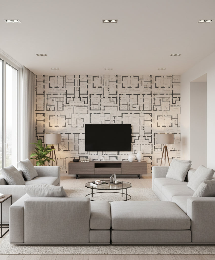 Chateau Taupe | Mind The Gap - Living Room Visualization (AI-generated, may not be to scale. Verify pattern scale with product specifications.)