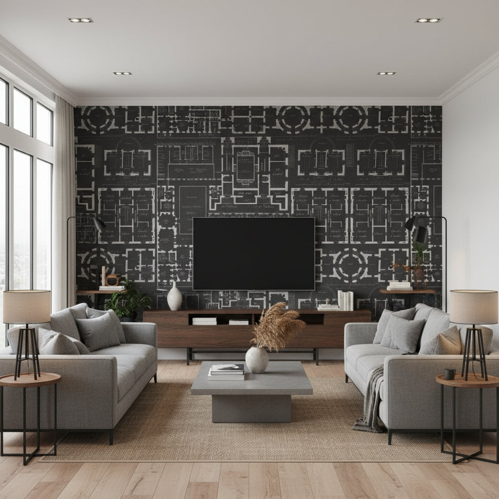 Chateau Anthracite | Mind The Gap - Living Room Visualization (AI-generated, may not be to scale. Verify pattern scale with product specifications.)