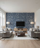 Chateau Blue | Mind The Gap - Living Room Visualization (AI-generated, may not be to scale. Verify pattern scale with product specifications.)