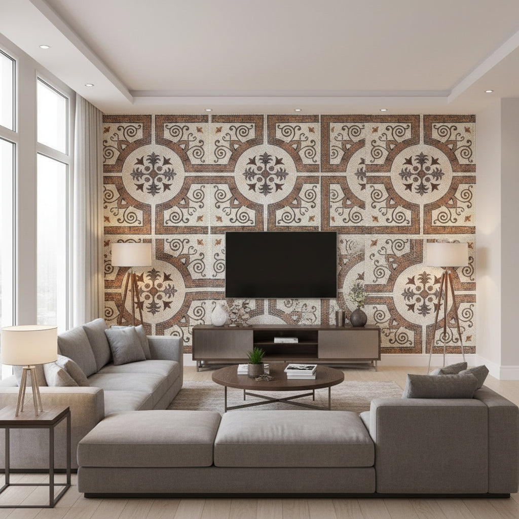 Byzantine Tile | Mind The Gap - Living Room Visualization (AI-generated, may not be to scale. Verify pattern scale with product specifications.)