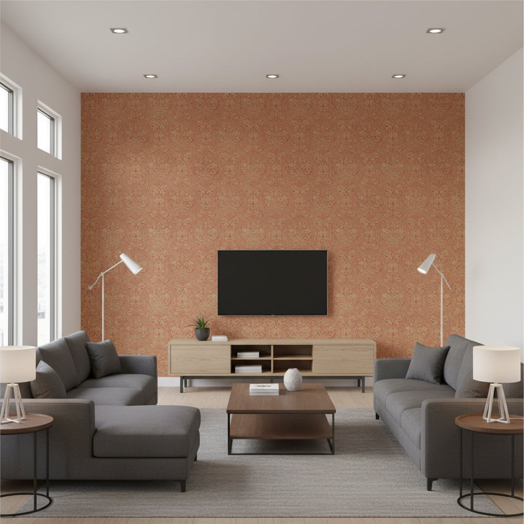 Damask | Mind The Gap - Living Room Visualization (AI-generated, may not be to scale. Verify pattern scale with product specifications.)