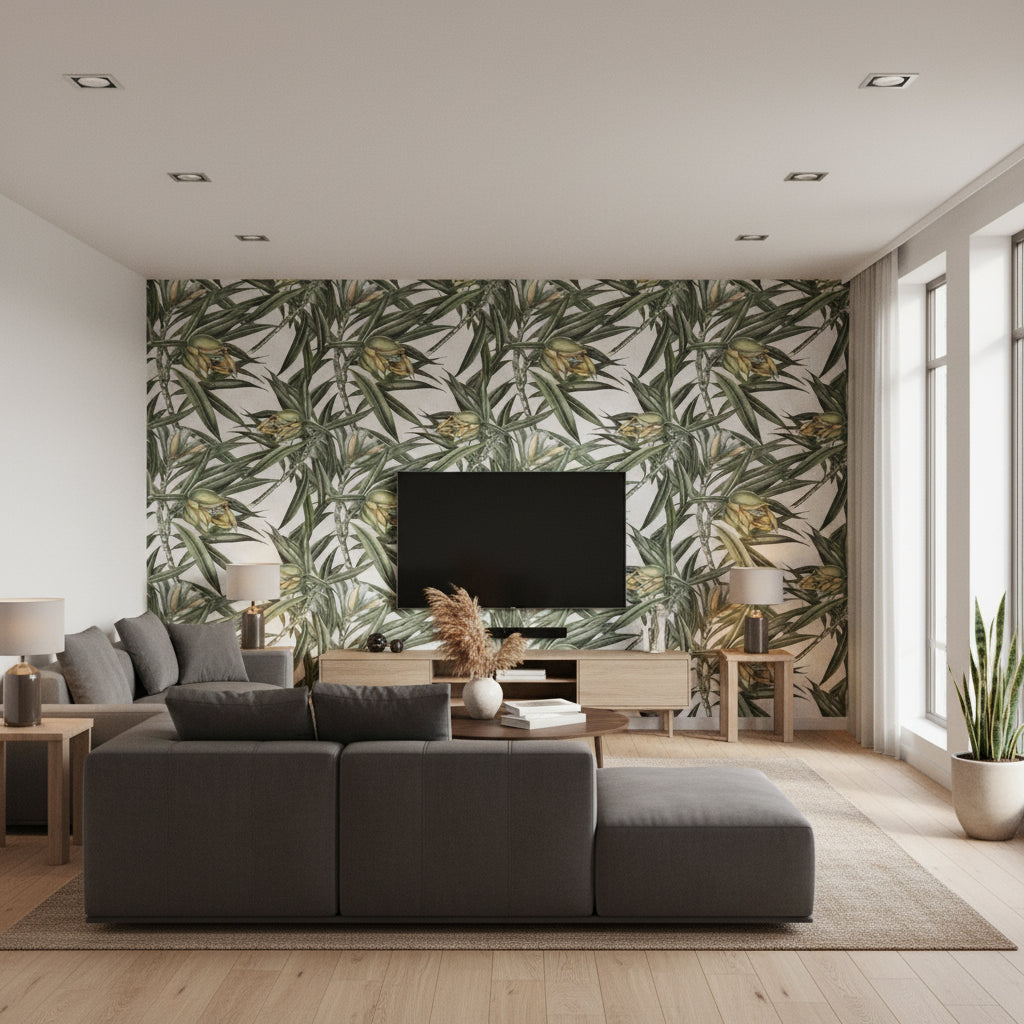Exotic Fruit Ii | Mind The Gap - Living Room Visualization (AI-generated, may not be to scale. Verify pattern scale with product specifications.)