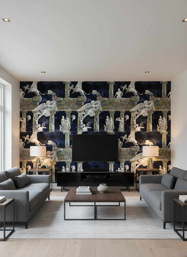 Tales Of Mythology | Mind The Gap - Living Room Visualization (AI-generated, may not be to scale. Verify pattern scale with product specifications.)