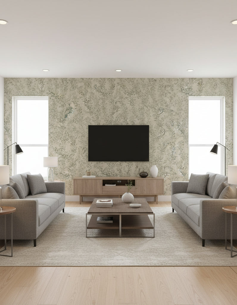 Soft Leaves | Mind The Gap - Living Room Visualization (AI-generated, may not be to scale. Verify pattern scale with product specifications.)