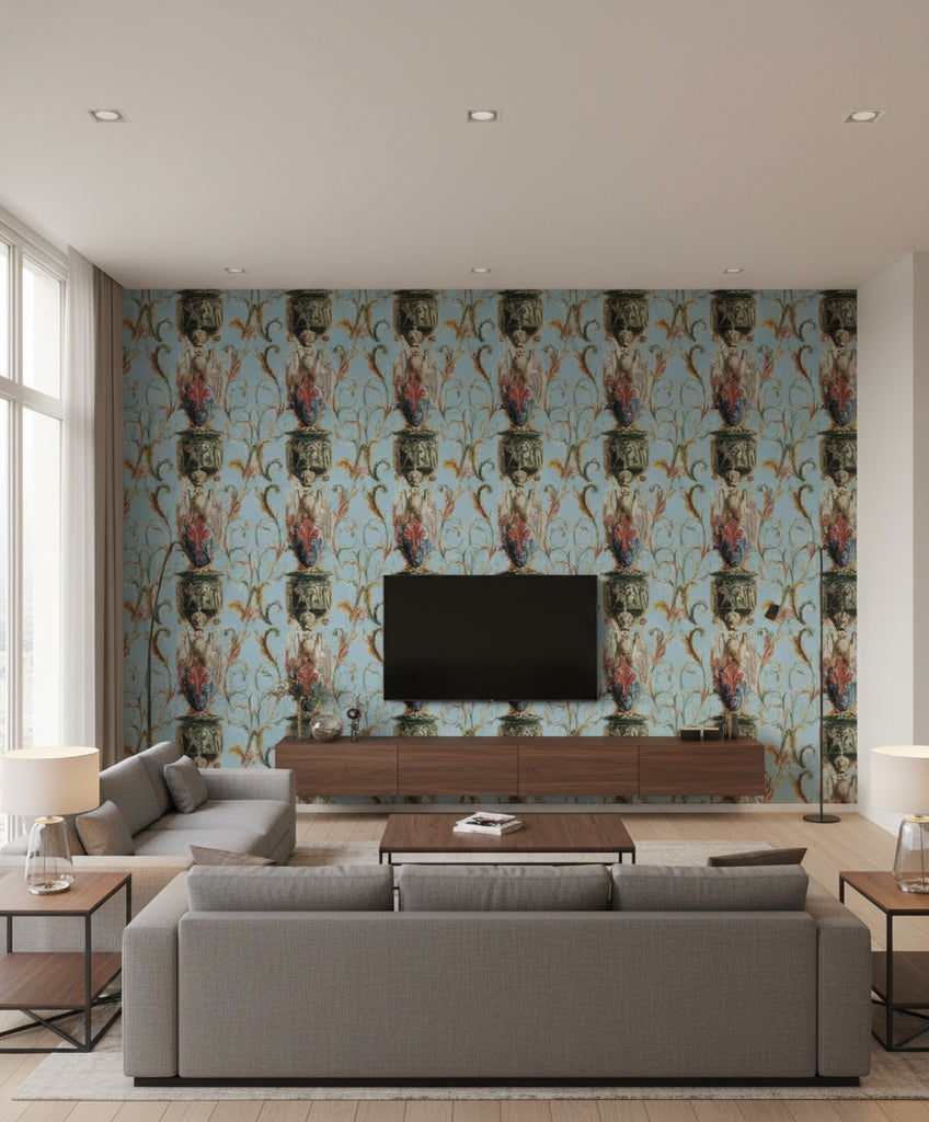 Le Jardin Secret | Mind The Gap - Living Room Visualization (AI-generated, may not be to scale. Verify pattern scale with product specifications.)