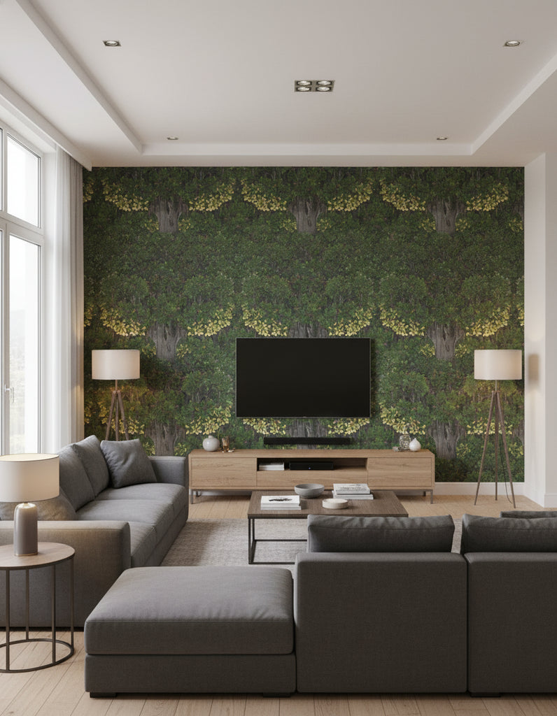 Savage Leaves | Mind The Gap - Living Room Visualization (AI-generated, may not be to scale. Verify pattern scale with product specifications.)