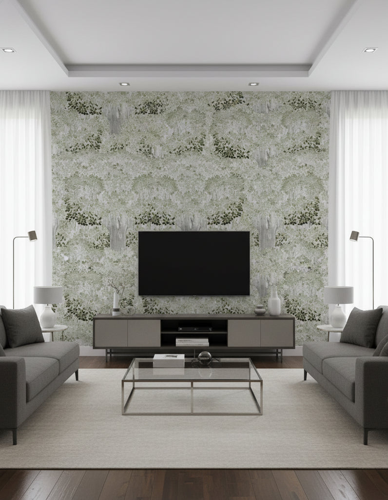 Savage Leaves Neutral | Mind The Gap - Living Room Visualization (AI-generated, may not be to scale. Verify pattern scale with product specifications.)