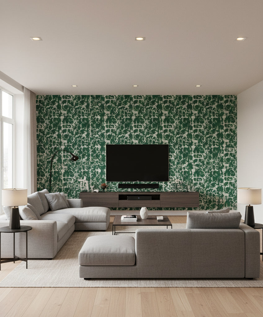 Royal Hunting Racing Green | Mind The Gap - Living Room Visualization (AI-generated, may not be to scale. Verify pattern scale with product specifications.)