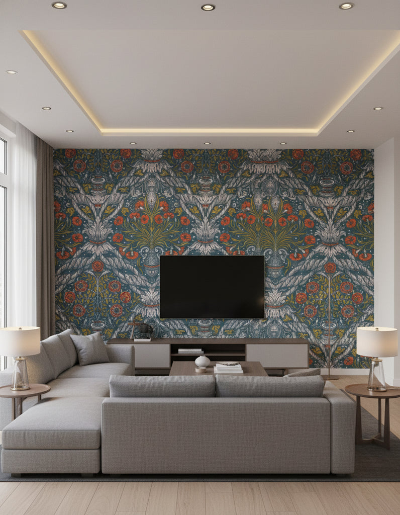 Floral Ornament Scarlet | Mind The Gap - Living Room Visualization (AI-generated, may not be to scale. Verify pattern scale with product specifications.)