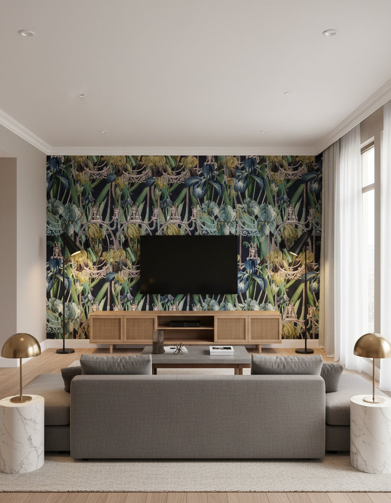 Fleurs D'Iris | Mind The Gap - Living Room Visualization (AI-generated, may not be to scale. Verify pattern scale with product specifications.)
