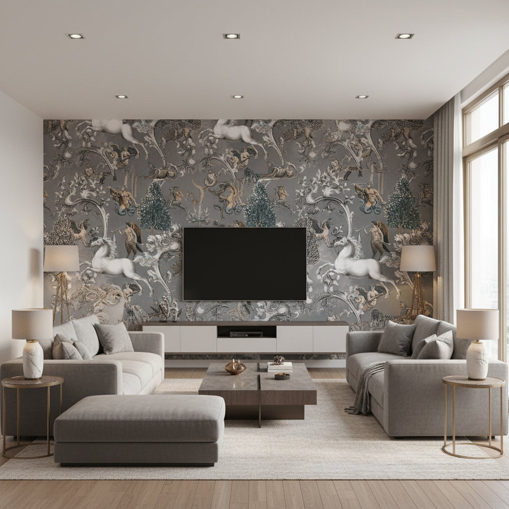 Imaginarium Grey | Mind The Gap - Living Room Visualization (AI-generated, may not be to scale. Verify pattern scale with product specifications.)