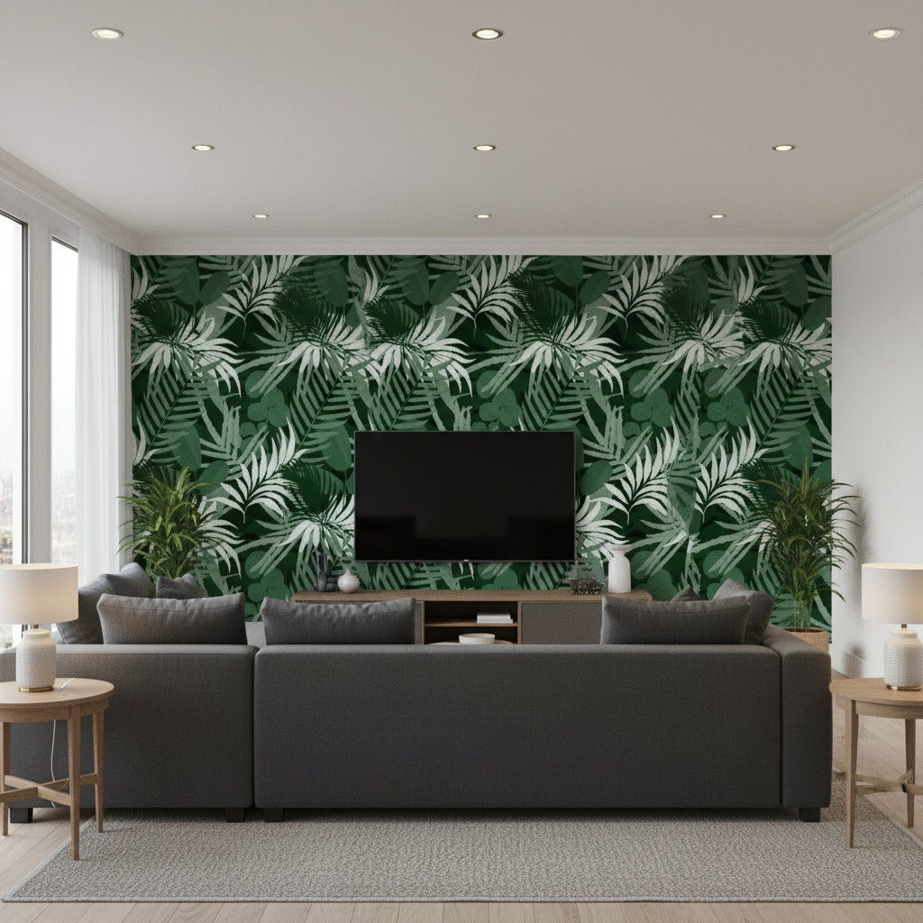 Jardin Del Sol Green | Mind The Gap - Living Room Visualization (AI-generated, may not be to scale. Verify pattern scale with product specifications.)