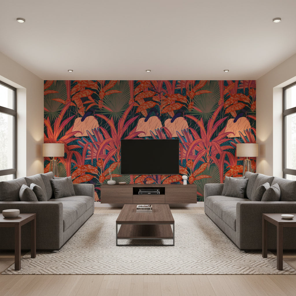 Jardin Imaginario Dark | Mind The Gap - Living Room Visualization (AI-generated, may not be to scale. Verify pattern scale with product specifications.)