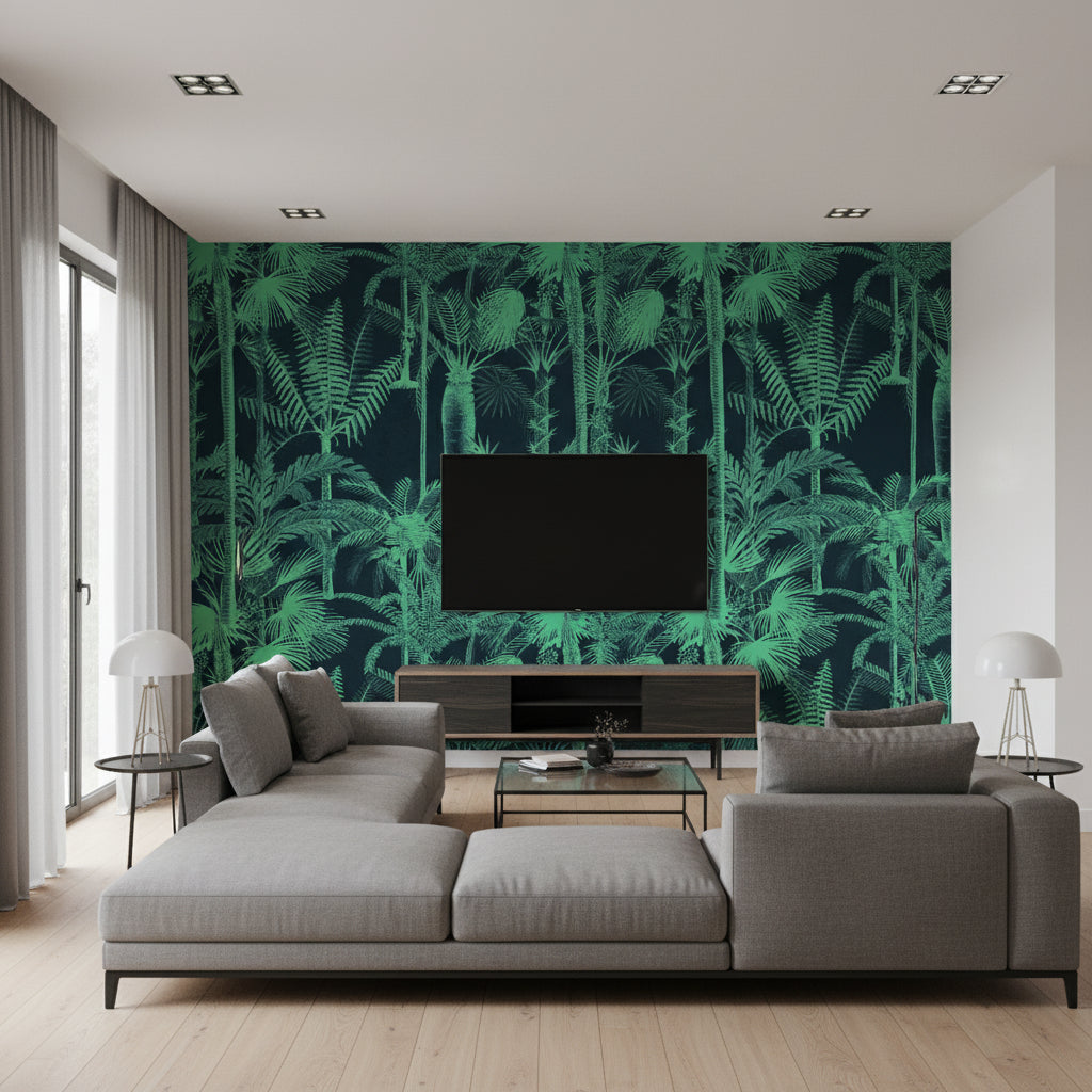 Palmera Cubana Dark | Mind The Gap - Living Room Visualization (AI-generated, may not be to scale. Verify pattern scale with product specifications.)