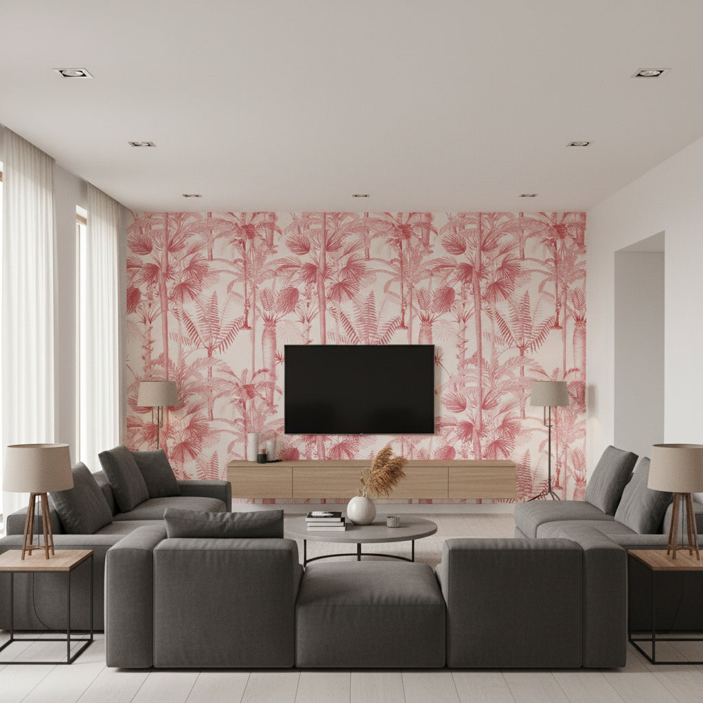 Palmera Cubana Pink | Mind The Gap - Living Room Visualization (AI-generated, may not be to scale. Verify pattern scale with product specifications.)