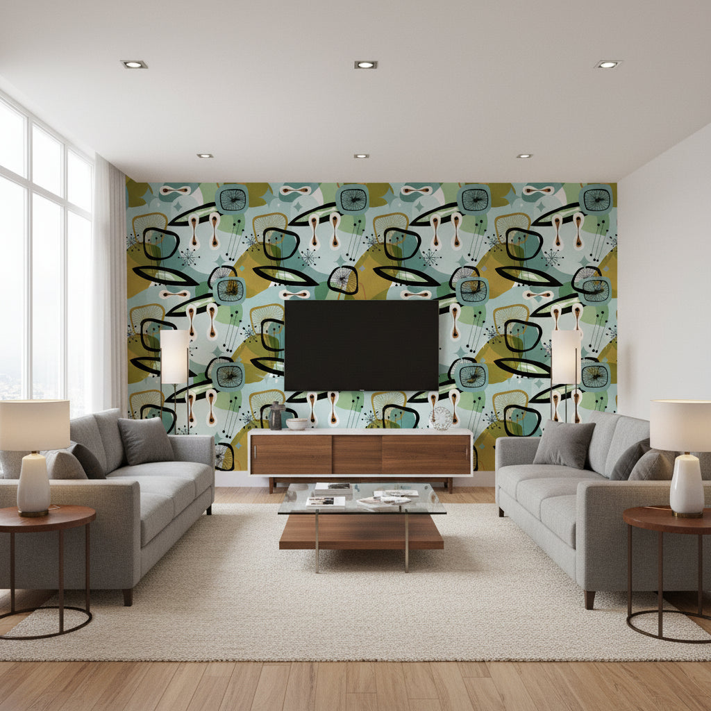 Century Elements Green | Mind The Gap - Living Room Visualization (AI-generated, may not be to scale. Verify pattern scale with product specifications.)