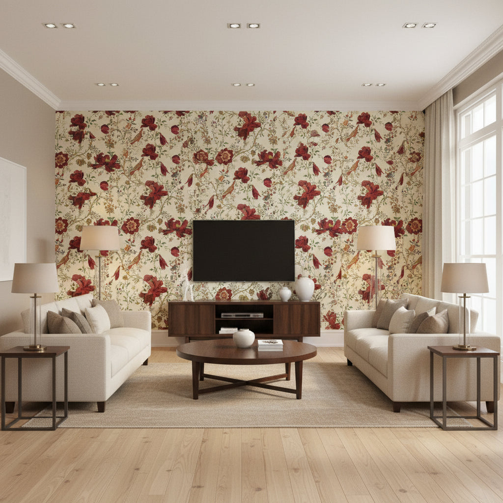 Transsilvaniae Florilegium | Mind The Gap - Living Room Visualization (AI-generated, may not be to scale. Verify pattern scale with product specifications.)