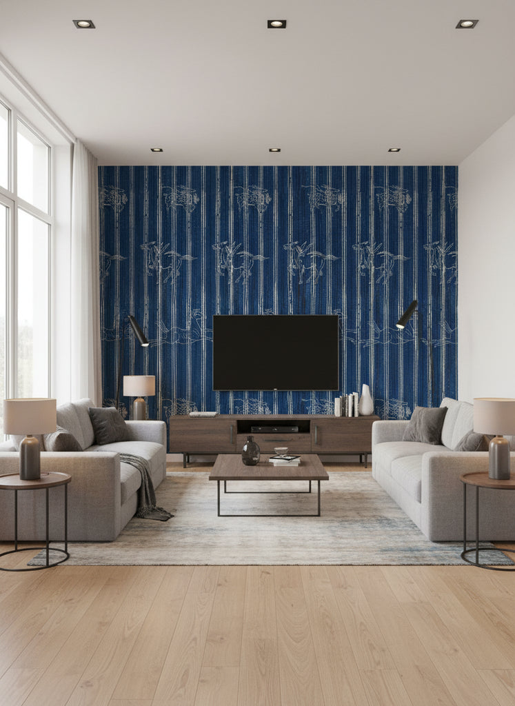 A Fable Indigo | Mind The Gap - Living Room Visualization (AI-generated, may not be to scale. Verify pattern scale with product specifications.)