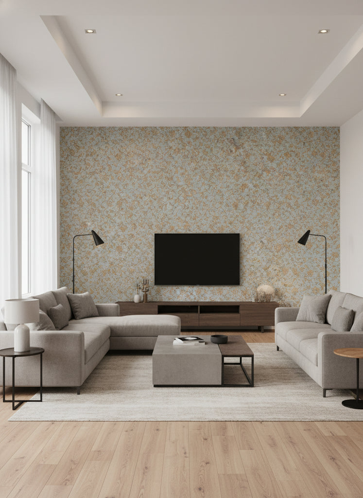 Backyard Flowering Ether Blue | Mind The Gap - Living Room Visualization (AI-generated, may not be to scale. Verify pattern scale with product specifications.)