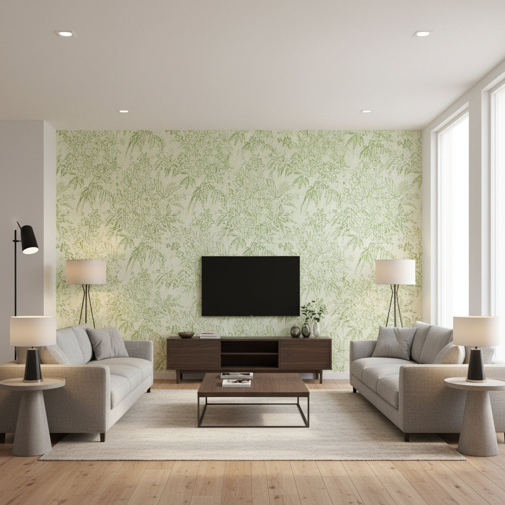 Cherry Orchard Green | Mind The Gap - Living Room Visualization (AI-generated, may not be to scale. Verify pattern scale with product specifications.)