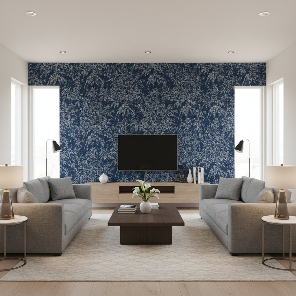 Cherry Orchard Indigo | Mind The Gap - Living Room Visualization (AI-generated, may not be to scale. Verify pattern scale with product specifications.)
