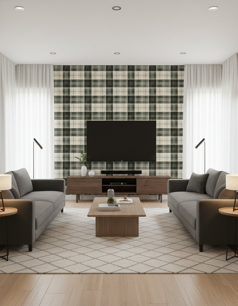 Countryside Plaid Charcoal | Mind The Gap - Living Room Visualization (AI-generated, may not be to scale. Verify pattern scale with product specifications.)