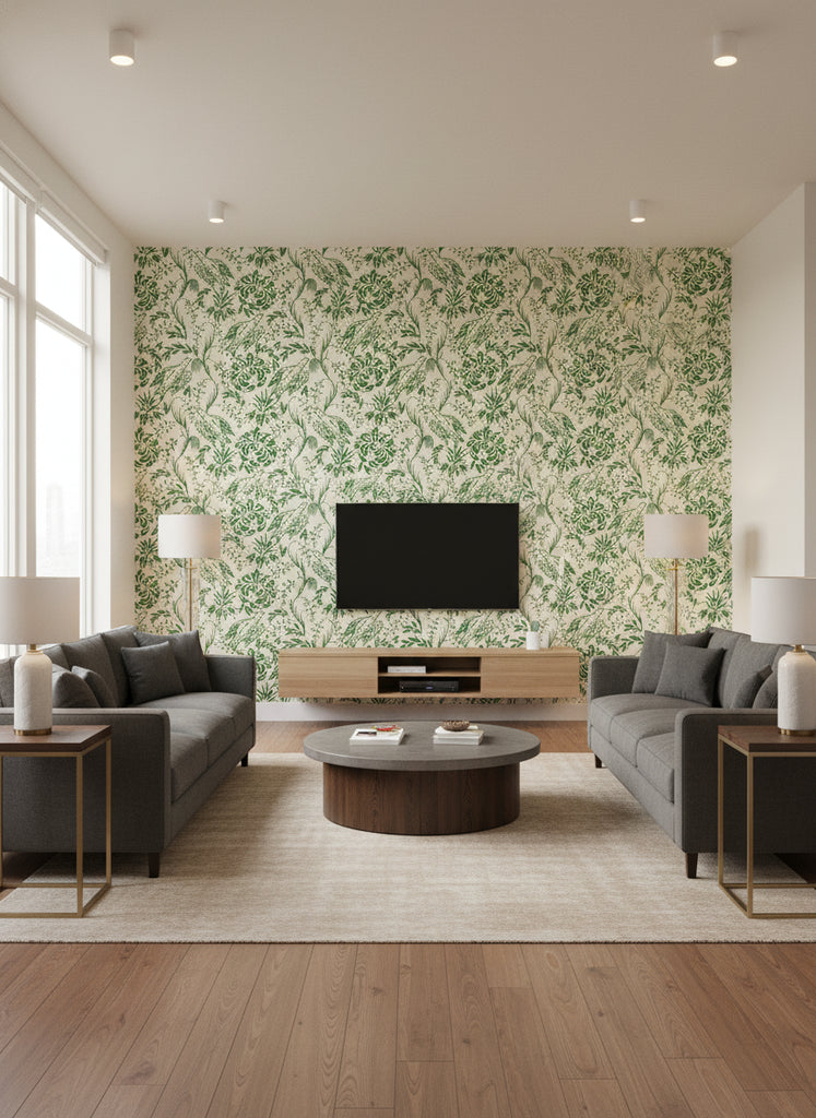 Folk Embroidery Fern Green | Mind The Gap - Living Room Visualization (AI-generated, may not be to scale. Verify pattern scale with product specifications.)