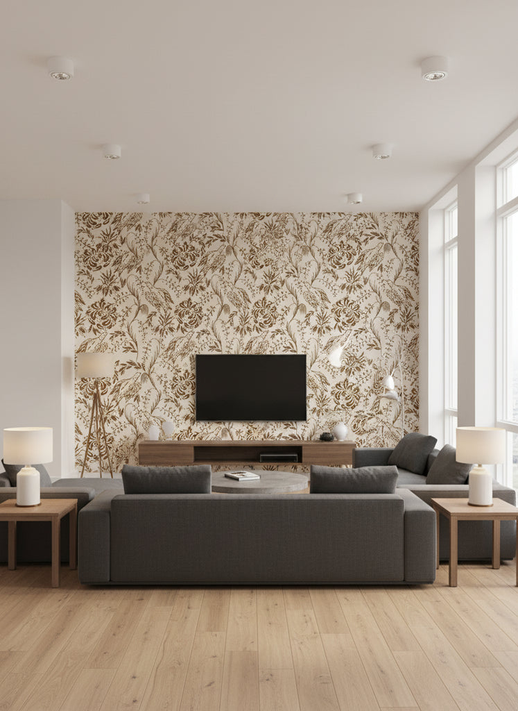 Folk Embroidery Tobacco | Mind The Gap - Living Room Visualization (AI-generated, may not be to scale. Verify pattern scale with product specifications.)