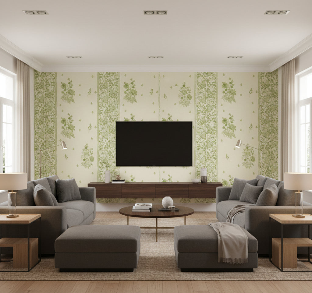 Korond Floral Beechnut | Mind The Gap - Living Room Visualization (AI-generated, may not be to scale. Verify pattern scale with product specifications.)
