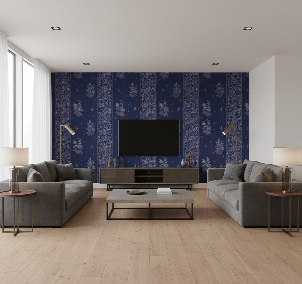 Korond Floral Clematis | Mind The Gap - Living Room Visualization (AI-generated, may not be to scale. Verify pattern scale with product specifications.)