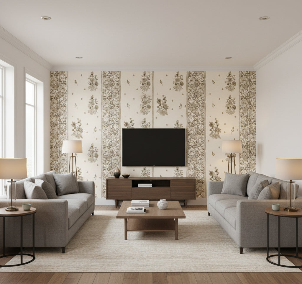 Korond Floral Dune | Mind The Gap - Living Room Visualization (AI-generated, may not be to scale. Verify pattern scale with product specifications.)