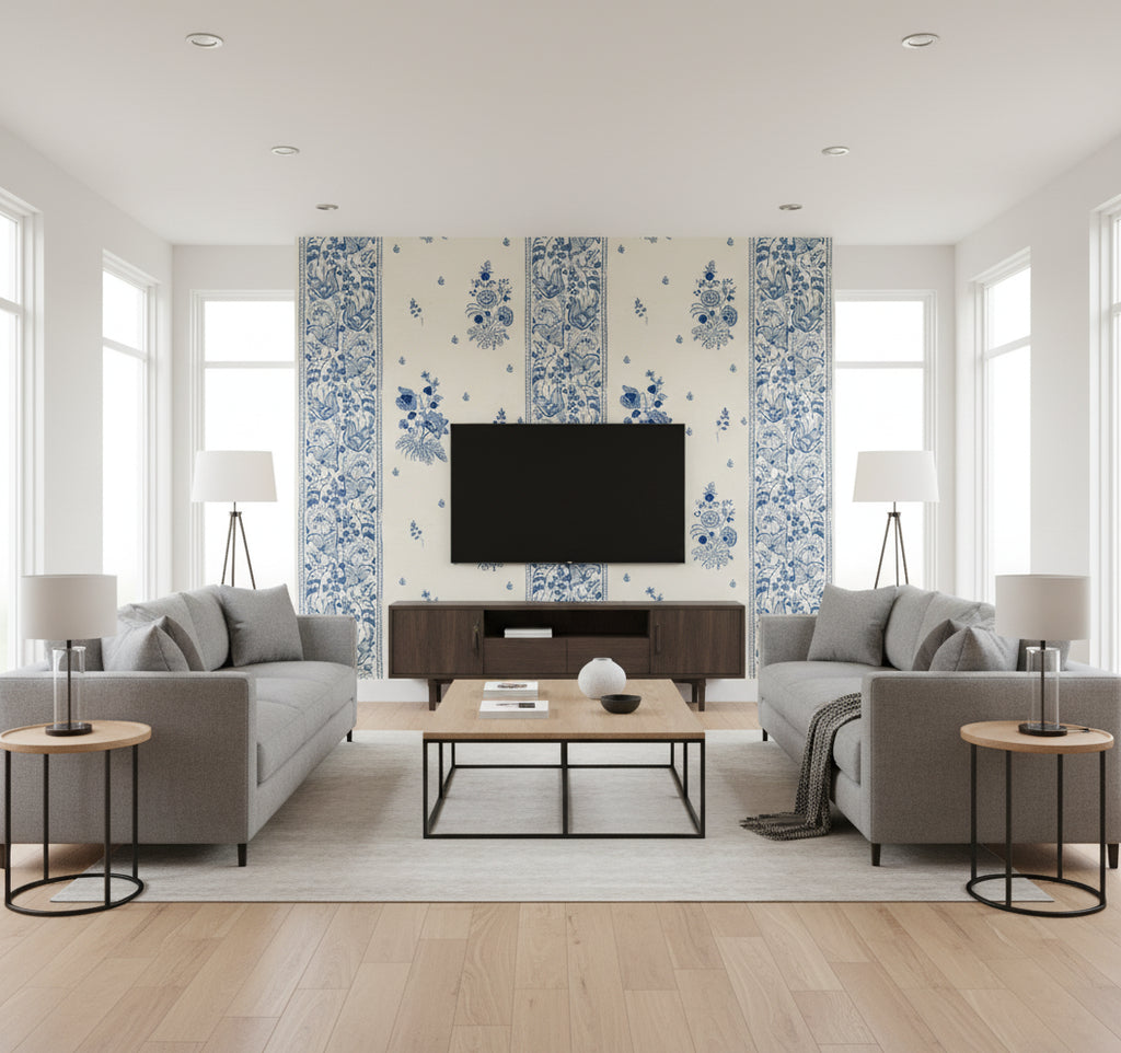 Korond Floral Indigo | Mind The Gap - Living Room Visualization (AI-generated, may not be to scale. Verify pattern scale with product specifications.)