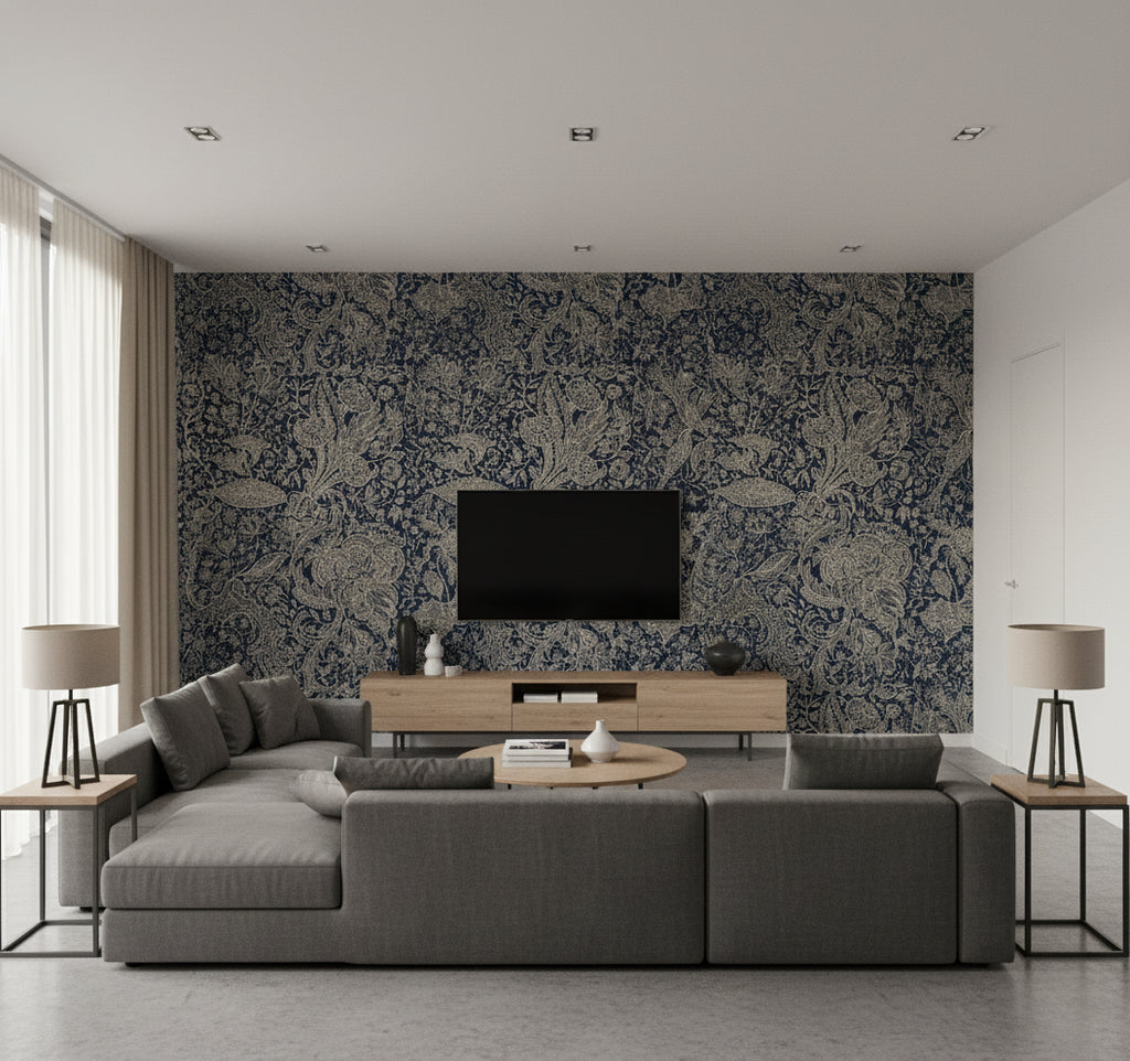 Sarkozi Embroidery Indigo | Mind The Gap - Living Room Visualization (AI-generated, may not be to scale. Verify pattern scale with product specifications.)