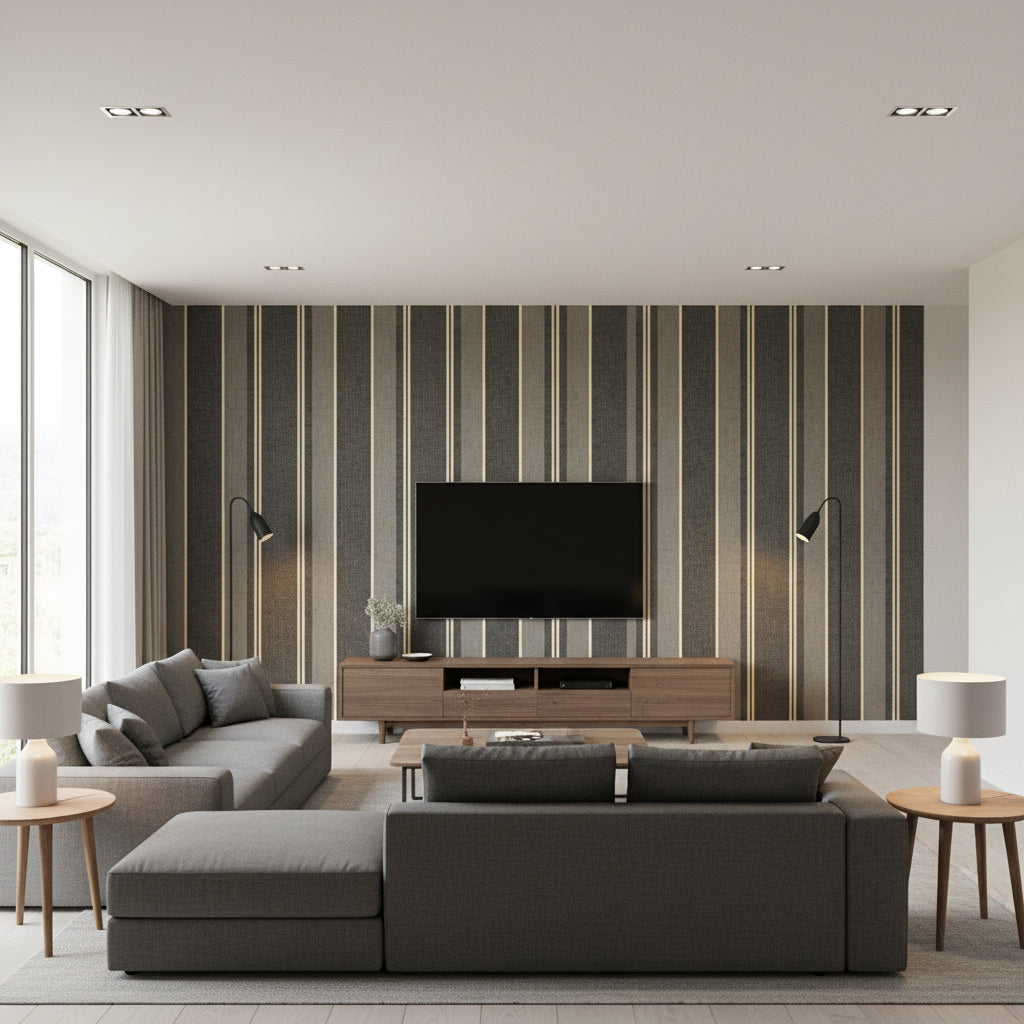 Szepviz Charcoal | Mind The Gap - Living Room Visualization (AI-generated, may not be to scale. Verify pattern scale with product specifications.)