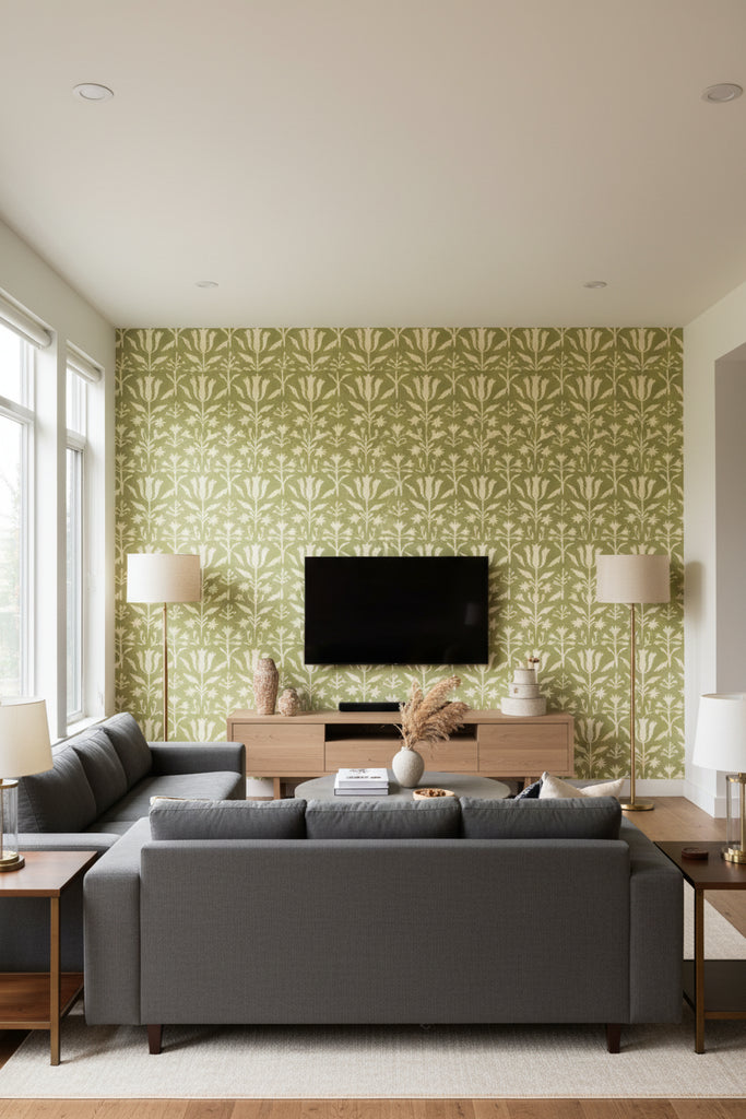 Tulipan Beechnut | Mind The Gap - Living Room Visualization (AI-generated, may not be to scale. Verify pattern scale with product specifications.)