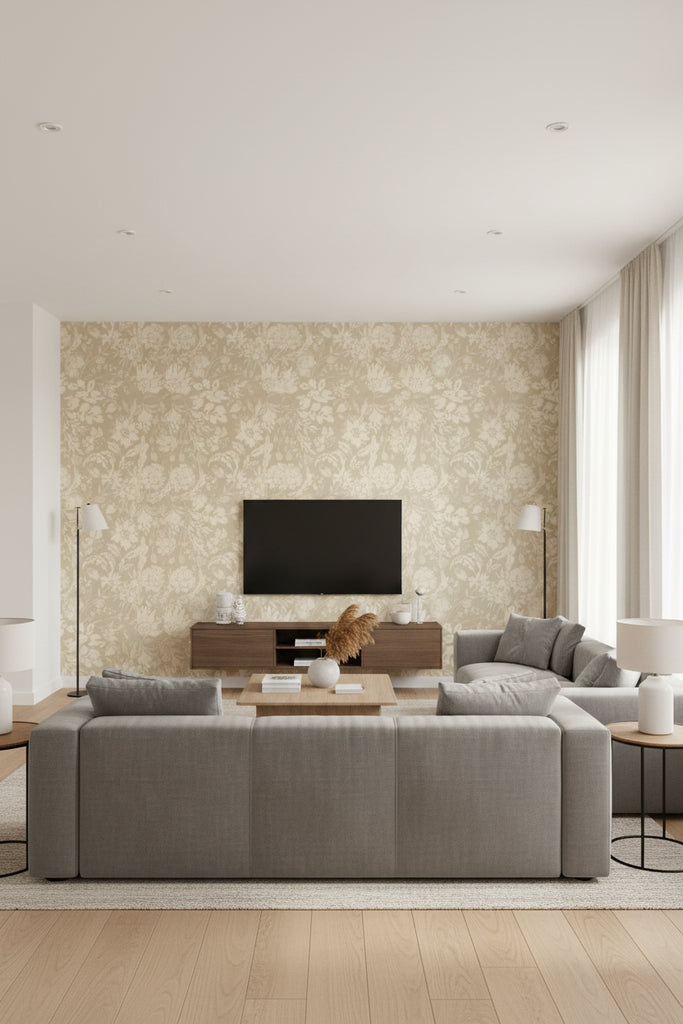 Flowery Ornament Taupe | Mind The Gap - Living Room Visualization (AI-generated, may not be to scale. Verify pattern scale with product specifications.)