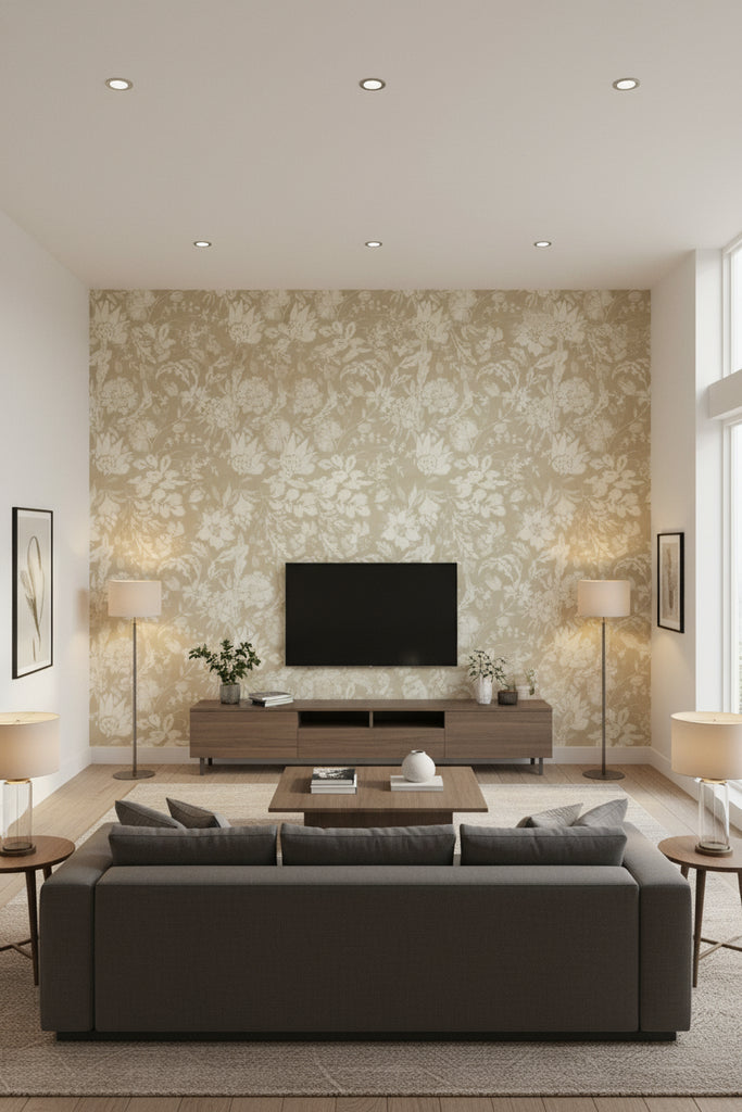 Flowery Ornament Seedpearl | Mind The Gap - Living Room Visualization (AI-generated, may not be to scale. Verify pattern scale with product specifications.)