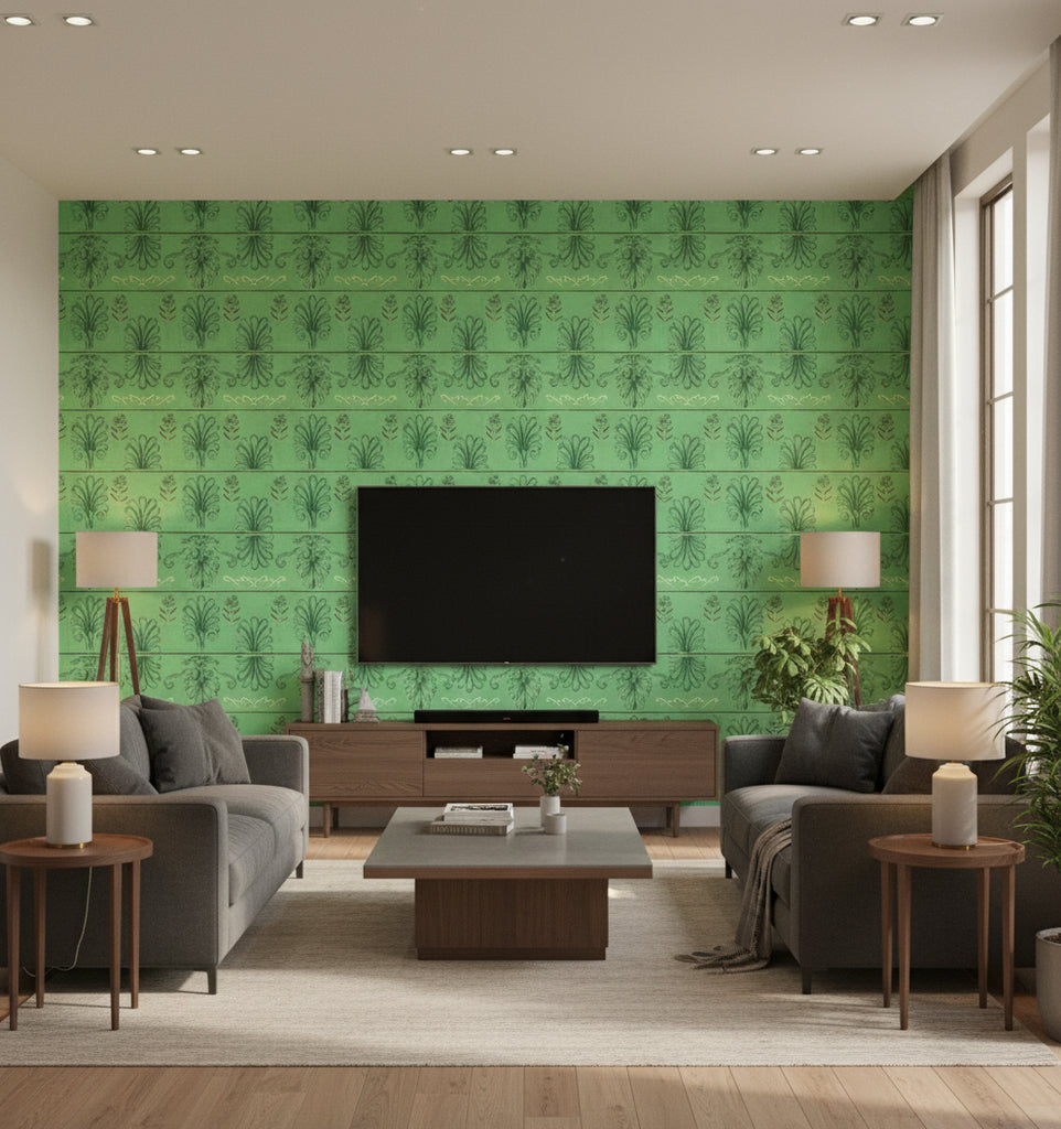 Mykonos Villa Motif Island Green | Mind The Gap - Living Room Visualization (AI-generated, may not be to scale. Verify pattern scale with product specifications.)