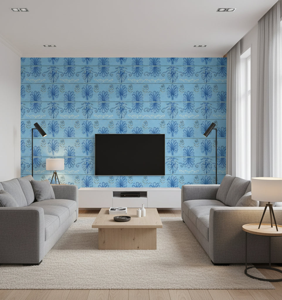 Mykonos Villa Motif Azure | Mind The Gap - Living Room Visualization (AI-generated, may not be to scale. Verify pattern scale with product specifications.)