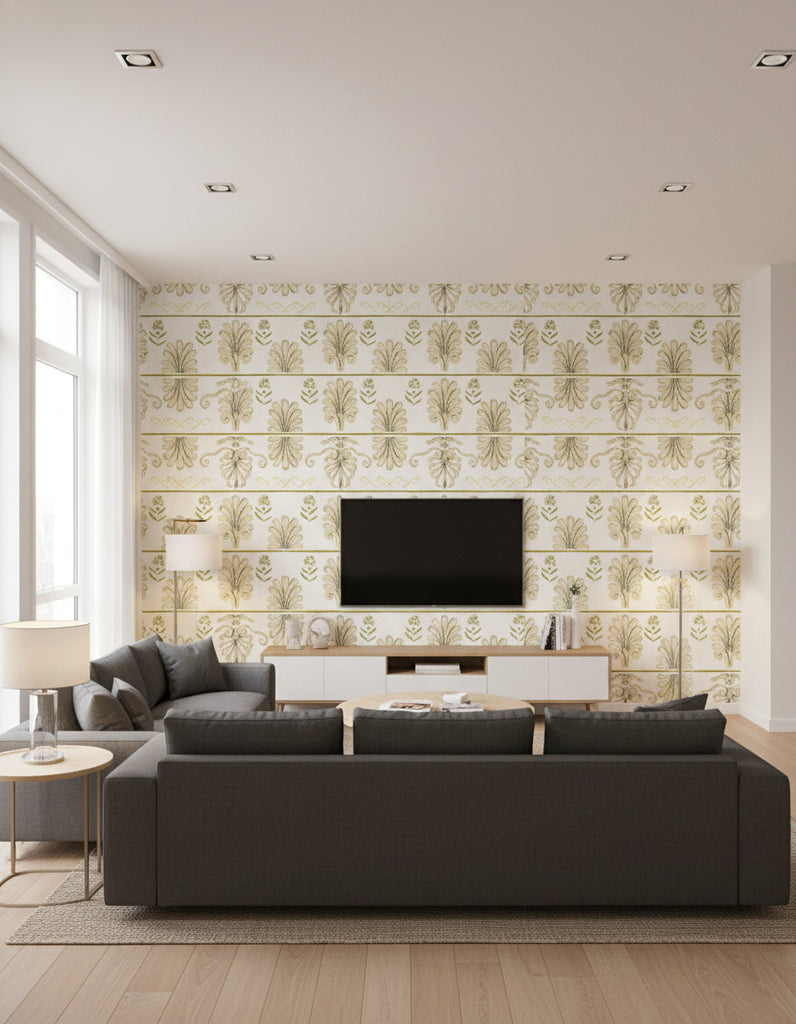 Mykonos Villa Motif Taupe | Mind The Gap - Living Room Visualization (AI-generated, may not be to scale. Verify pattern scale with product specifications.)