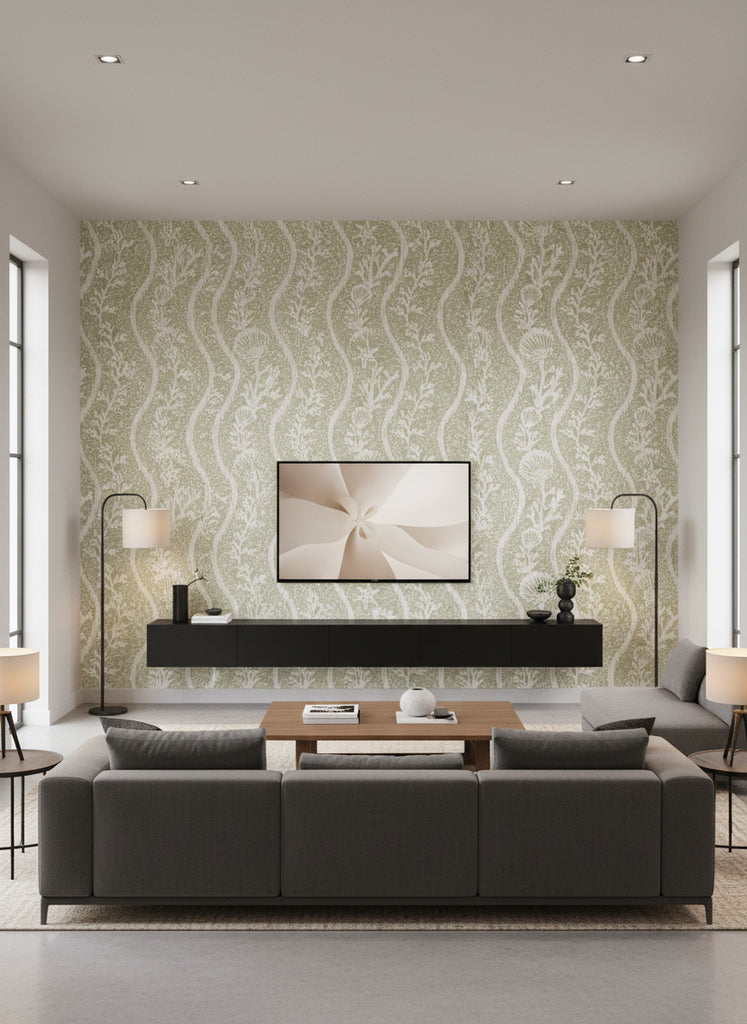 Koralion Seacrest | Mind The Gap - Living Room Visualization (AI-generated, may not be to scale. Verify pattern scale with product specifications.)