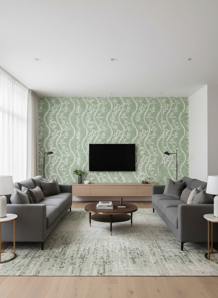 Koralion Mineral Green | Mind The Gap - Living Room Visualization (AI-generated, may not be to scale. Verify pattern scale with product specifications.)