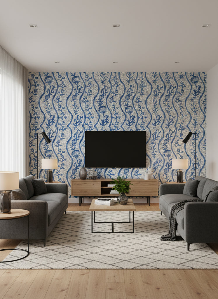 Koralion Indigo | Mind The Gap - Living Room Visualization (AI-generated, may not be to scale. Verify pattern scale with product specifications.)