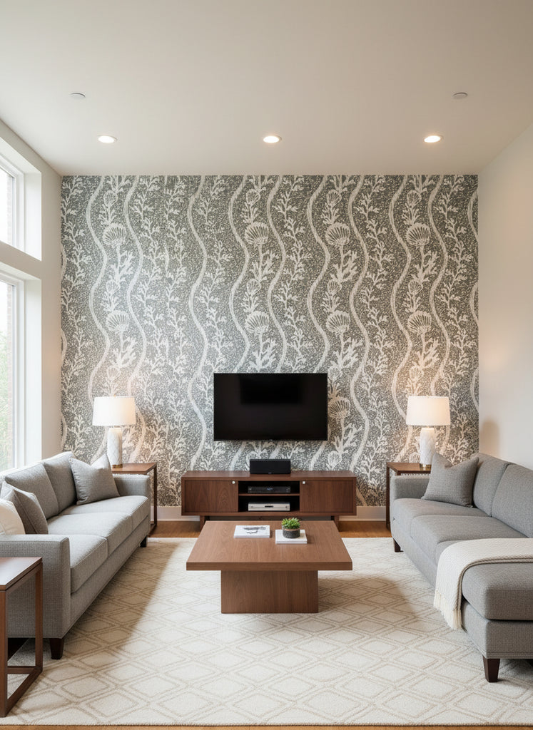 Koralion Seagrass | Mind The Gap - Living Room Visualization (AI-generated, may not be to scale. Verify pattern scale with product specifications.)