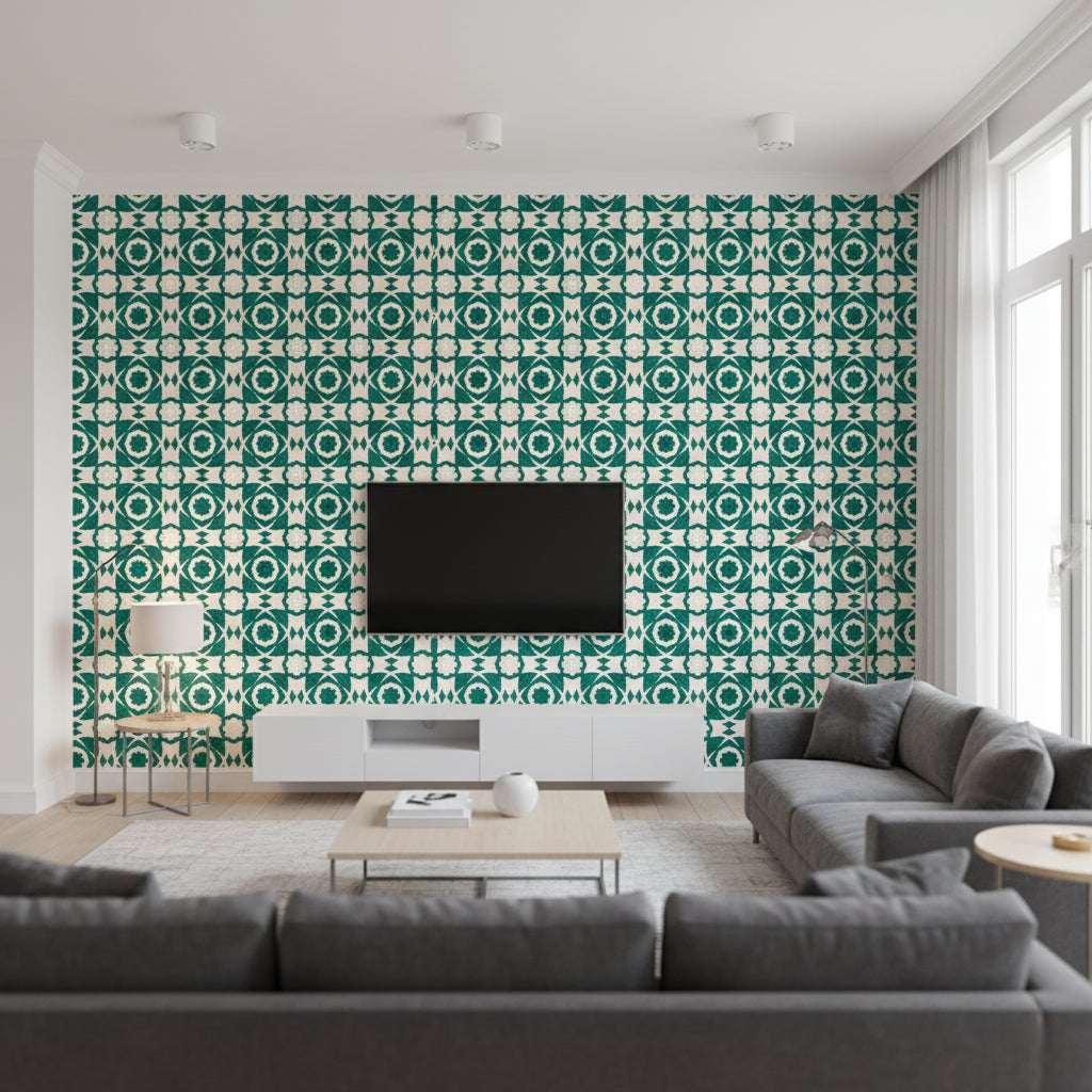 Aegean Tiles Ultramarine Green | Mind The Gap - Living Room Visualization (AI-generated, may not be to scale. Verify pattern scale with product specifications.)