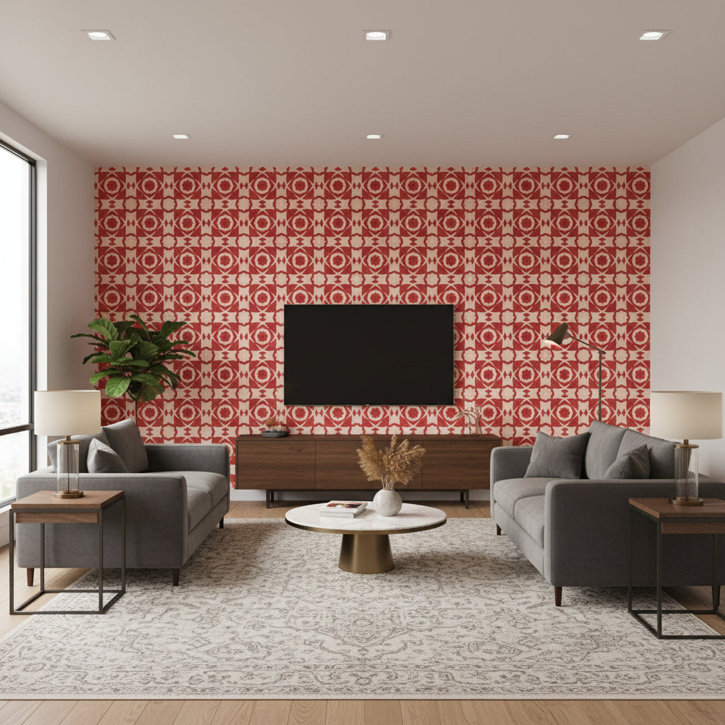 Aegean Tiles Red | Mind The Gap - Living Room Visualization (AI-generated, may not be to scale. Verify pattern scale with product specifications.)