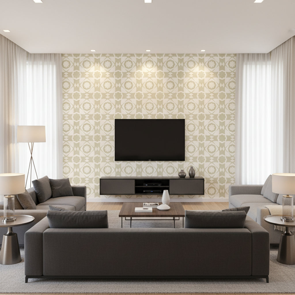 Aegean Tiles Seacrest | Mind The Gap - Living Room Visualization (AI-generated, may not be to scale. Verify pattern scale with product specifications.)
