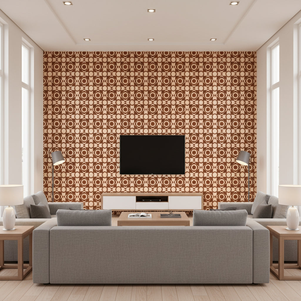 Aegean Tiles Leather | Mind The Gap - Living Room Visualization (AI-generated, may not be to scale. Verify pattern scale with product specifications.)